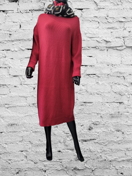 Red sweater dress and winter scarf/brown